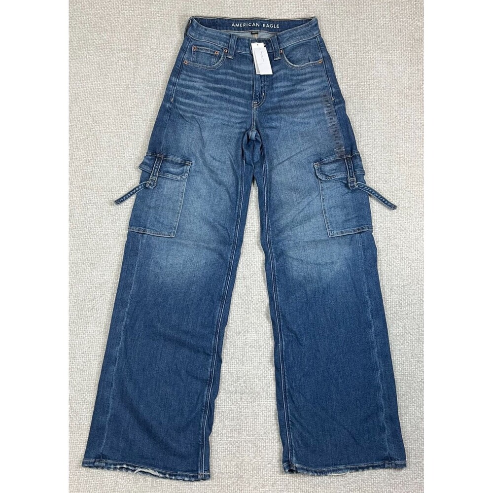 American Eagle Jeans Size Women's 00 Super High Rise Baggy Wide Leg Cargo NWT